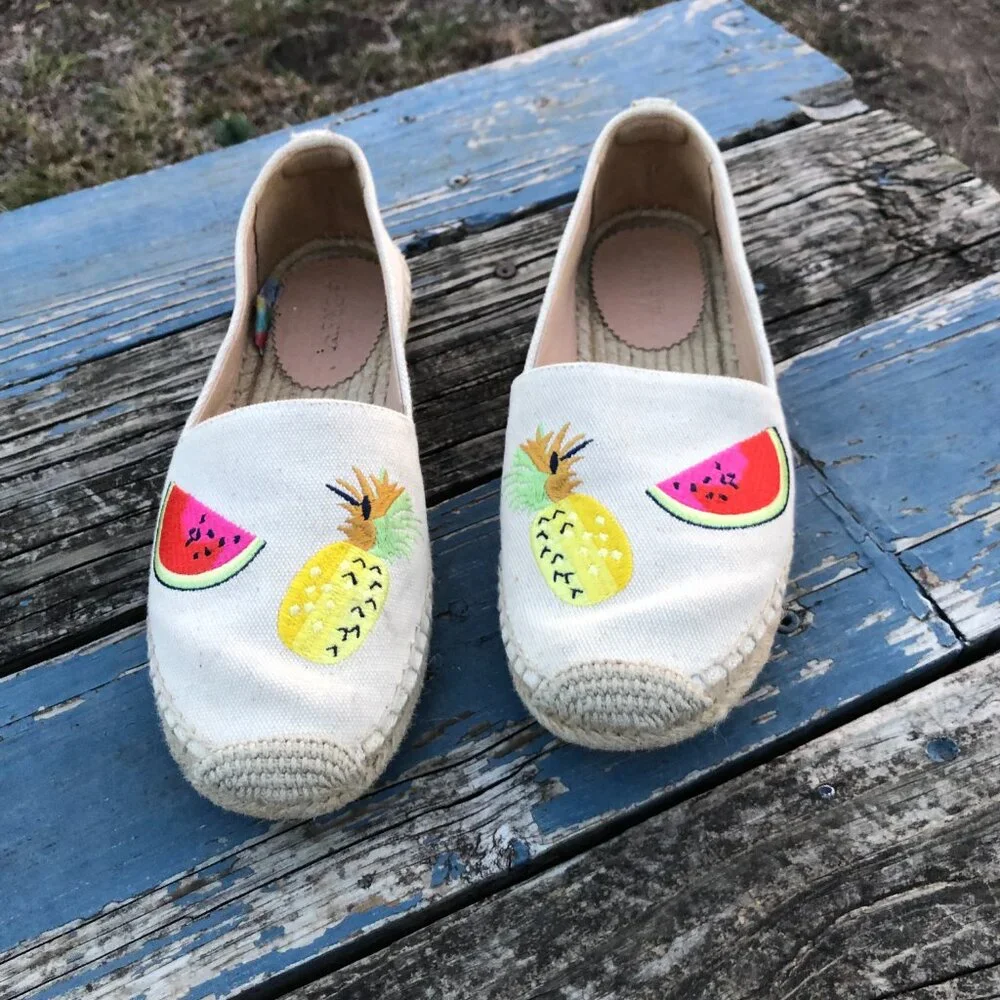 J Crew Canvas Espadrilles with Stitched Fruit Design, Size 9.5